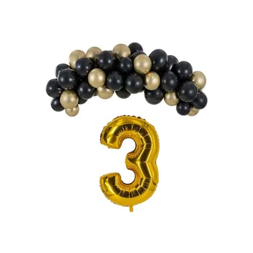 Mini Zincir Balon Seti Siyah-Krom gold+3 34inç Gold Folyo 30 Adet +Balon Şeridi