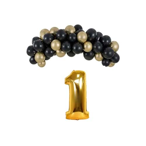 Mini Zincir Balon Seti Siyah-Krom gold+1 34inç Gold Folyo 30 Adet +Balon Şeridi