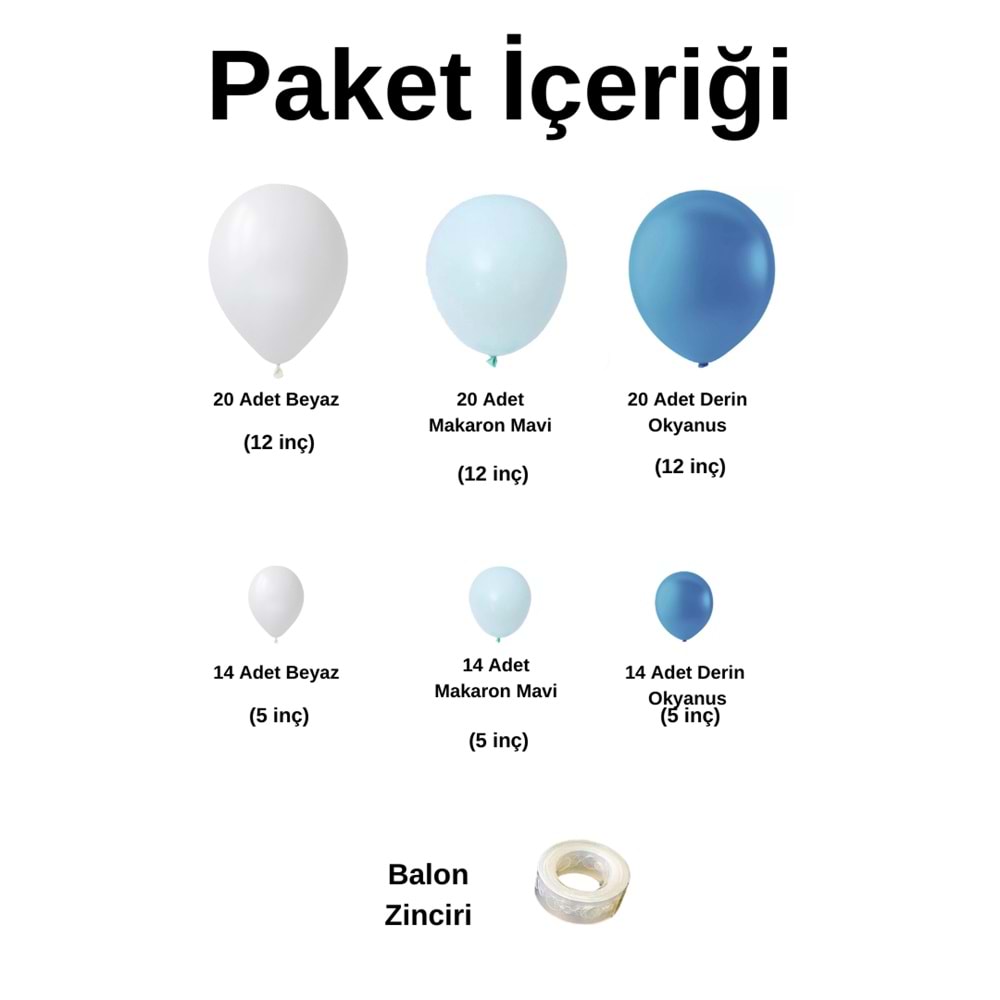 Zincir Balon Seti Beyaz-Makaron Mavi-Derin Okyanus 3 Renk 100 Adet + Balon Şeridi