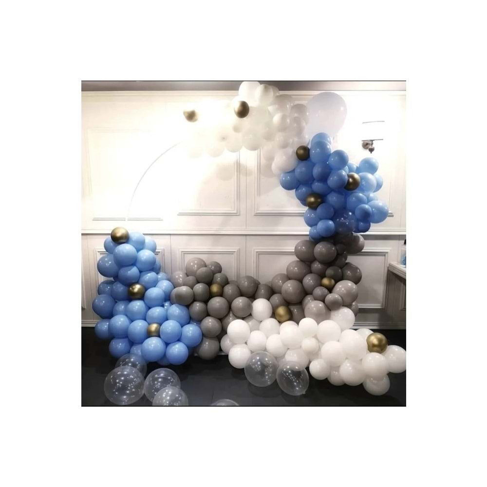Zincir Balon Seti Pastel Mavi-Gri-Beyaz 3 Renk 100 Adet+BalonŞeridi