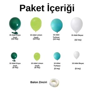 Zincir Balon Seti Koyu Yeşil-Limon Yeşili-Turkuaz-Beyaz 4 Renk 100 Adet +Balon Şeridi