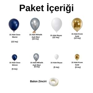 Zincir Balon Seti Gece Mavisi-Metalik Açık Mavi-Beyaz-Krom Gold 4 Renk 100 Adet +Balon Şeridi