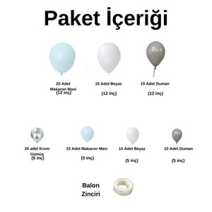 Zincir Balon Seti Makaron Mavi-Krom Gümüş-Duman-Beyaz 4 Renk 100 Ad+BalonŞeridi