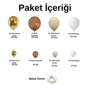 Zincir Balon Seti Krom Gold-Karamel-Deniz Kumu-Beyaz 100 Ad+Balon Şeridi