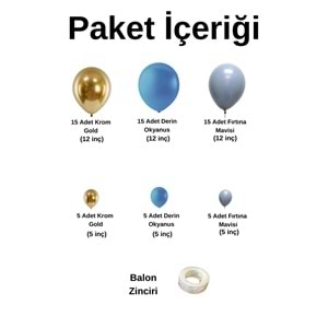 Zincir Balon Seti Krom Gold-Derin Okyanus-Fırtına Mavisi 3 Renk 60 Adet +Balon Şeridi