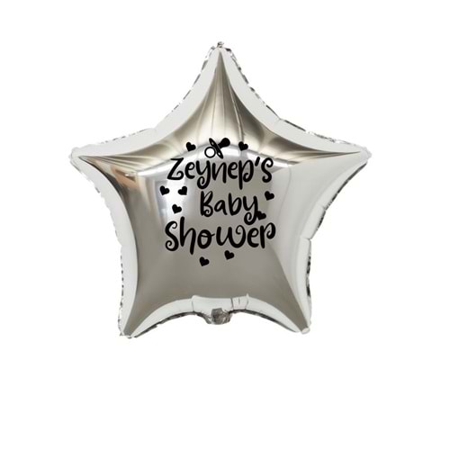 18 inç Gümüş Renk Kişiye Özel Baby Showers Yazılı Emzik-Kalp Figürlü Yıldız Folyo Balon