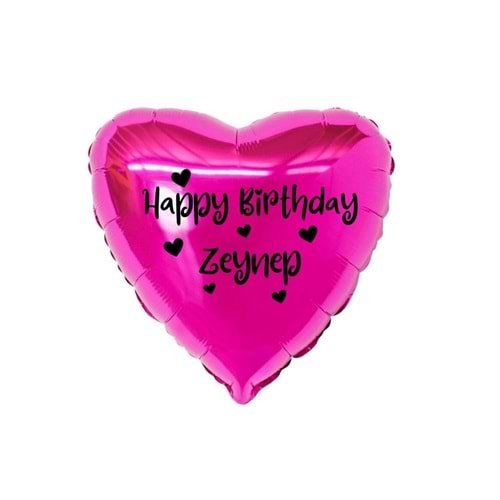 18 inç Fuşya Renk Kişiye Özel Happy Birthday Yazılı Kalp Figürlü Kalp Folyo Balon