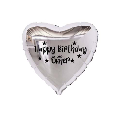 18 inç Gümüş Renk Kişiye Özel Happy Birthday Yazılı Yıldız-Taç Figürlü Kalp Folyo Balon