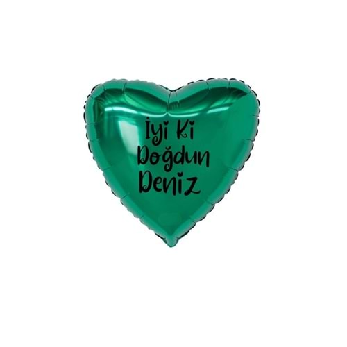 18 inç Yeşil Renk Kişiye Özel İyi ki Doğdun Yazılı Kalp Folyo Balon