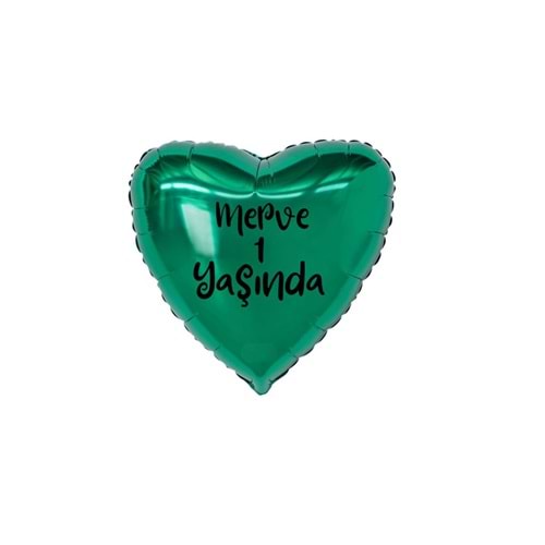 18 inç Yeşil Renk Kişiye Özel Yaşında Yazılı Kalp Folyo Balon