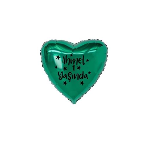 18 inç Yeşil Renk Kişiye Özel Yaşında Yazılı Yıldız Figürlü Kalp Folyo Balon
