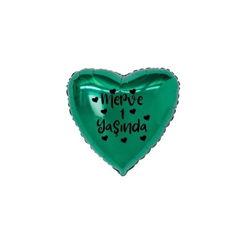 18 inç Yeşil Renk Kişiye Özel Yaşında Yazılı Kalp Figürlü Kalp Folyo Balon