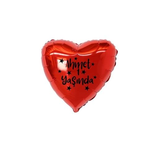 18 inç Kırmızı Renk Kişiye Özel Yaşında Yazılı Yıldız Figürlü Kalp Folyo Balon