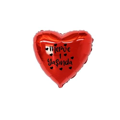 18 inç Kırmızı Renk Kişiye Özel Yaşında Yazılı Kalp Figürlü Kalp Folyo Balon