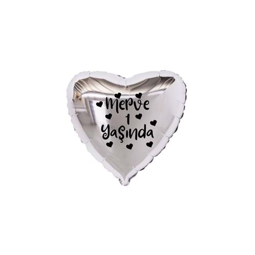 18 inç Gümüş Renk Kişiye Özel Yaşında Yazılı Kalp Figürlü Kalp Folyo Balon