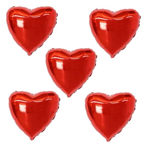 18 inç Kırmızı Renk 5 Adet Kalp Şekilli Folyo Balon