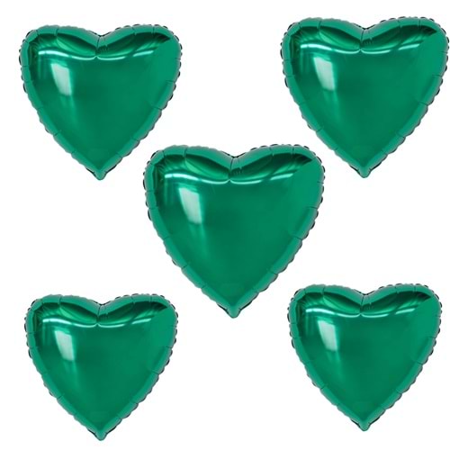 18 inç Yeşil Renk 5 Adet Kalp Şekilli Folyo Balon