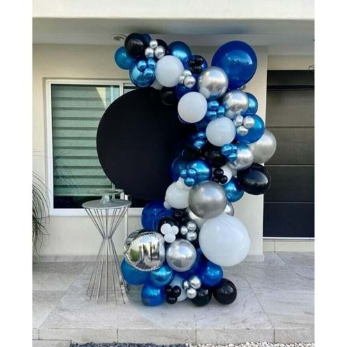 Zincir Balon Seti Krom Mavi-Beyaz-Krom Gümüş-Siyah 4 Renk 60 Adet +Balon Şeridi