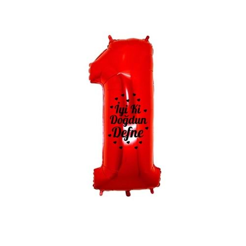 34 inç 1 Kırmızı Renk Kişiye Özel İyi ki Doğdun Yazılı Kalp Figürlü Rakam Folyo Balon